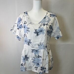 Lungo L'Arno Italian 100% Linen Blouse Blue & White Floral Print  Lightweight